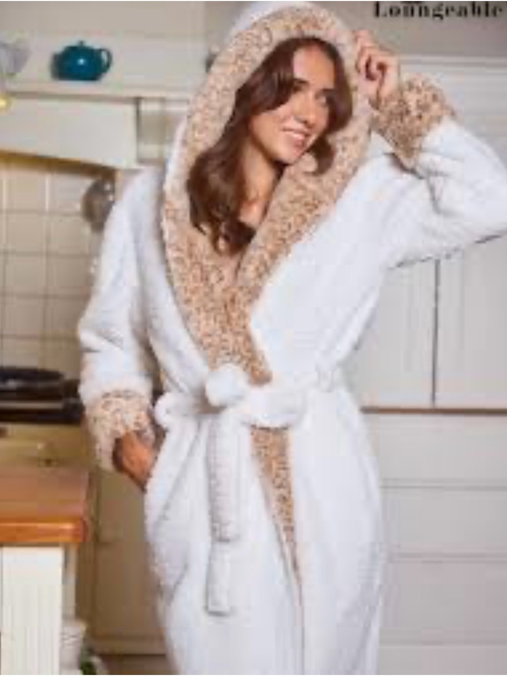 Fraiche Maison Cream Bath Robe with Taupe Trim - Plush Cozy Wrap Women size XL